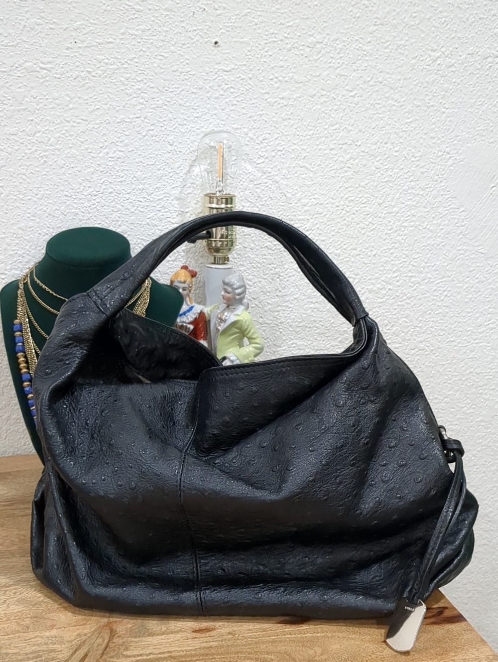 FURLA Black Genuine Leather Ostrich Embossed